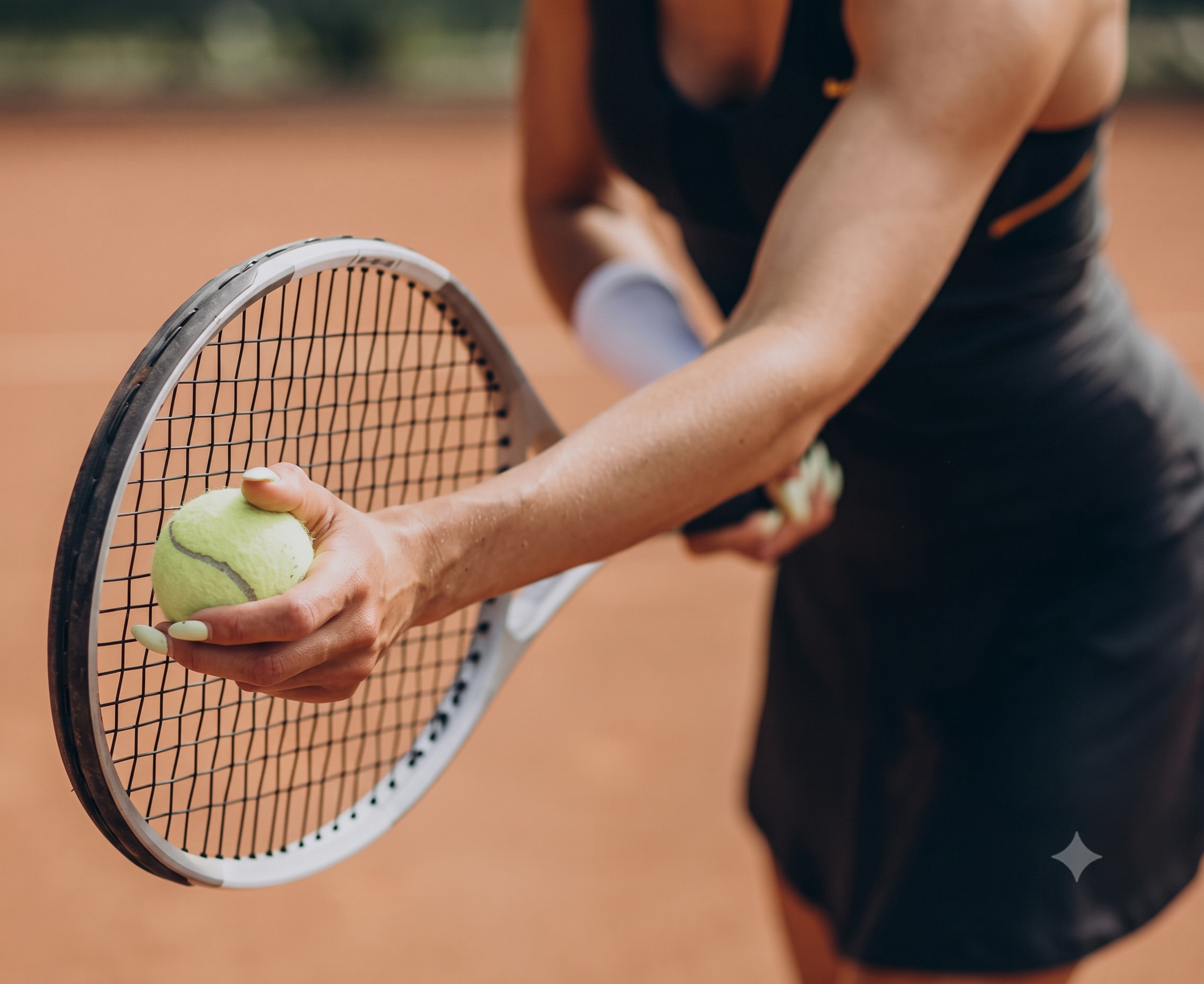Woman on a tennis court holding a racket and ball